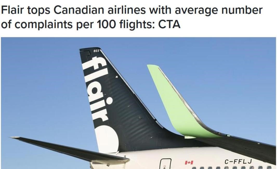 CTA: Flair leads Canadian airlines in complaints per 100 flights