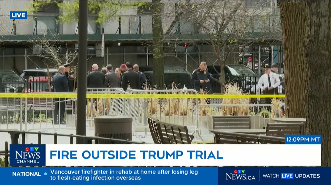 Person on fire outside Trump’s hush money trial rushed away on a stretcher