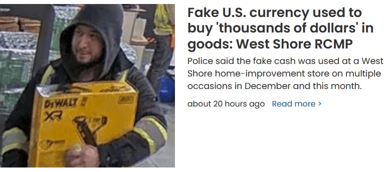 Fake U.S. currency used to buy ‘thousands of dollars’ in goods: West Shore RCMP